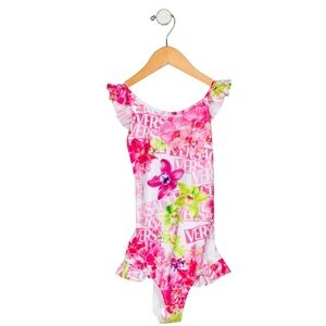 Versace Pink and White Ruffled One Piece Swimsuit